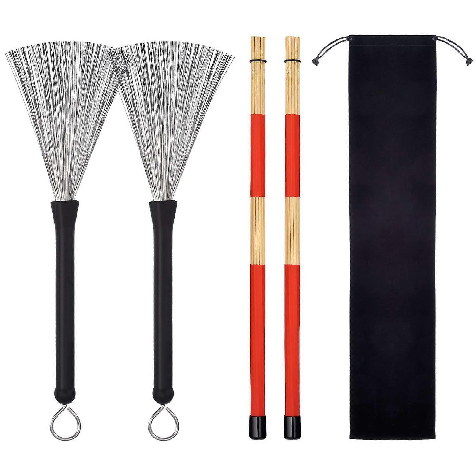 Drum Sticks and Retractable Wire Brushes Set of 2 with Storage Bag for Jazz and Acoustic Drums Black Red
