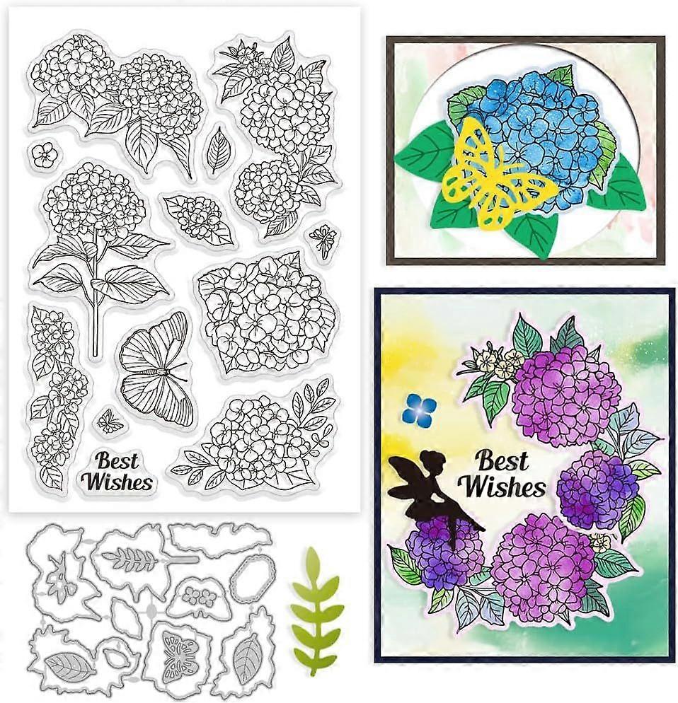 Hydrangea Clear Stamp and Cutting Dies Set for Card Making Spring Flowers Butterfly Silicone Clear Stamp Metal Plants Leaves Die Cuts for DIY Scrapboo