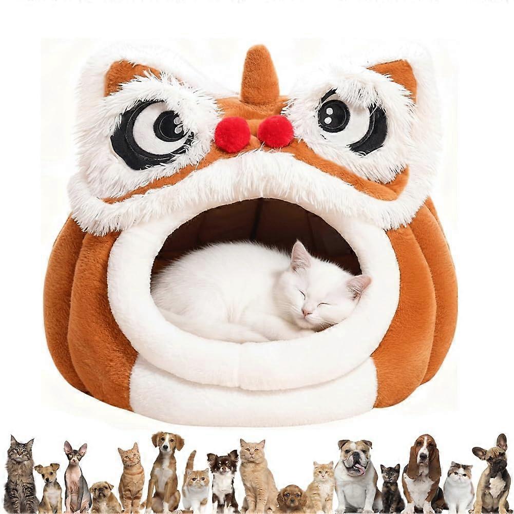 Cat Bed SemiEnclosed Plush Cave for Cats and Small Dogs with Cushion Brown L