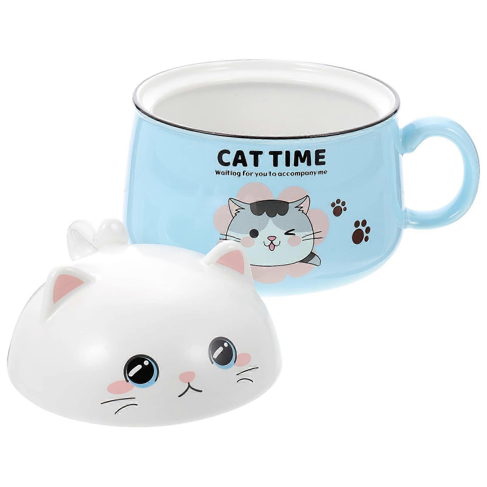 Ceramic Cartoon Cat Bowl with Lid, Easy Grip Handle, MultiPurpose for Rice Noodles Soup