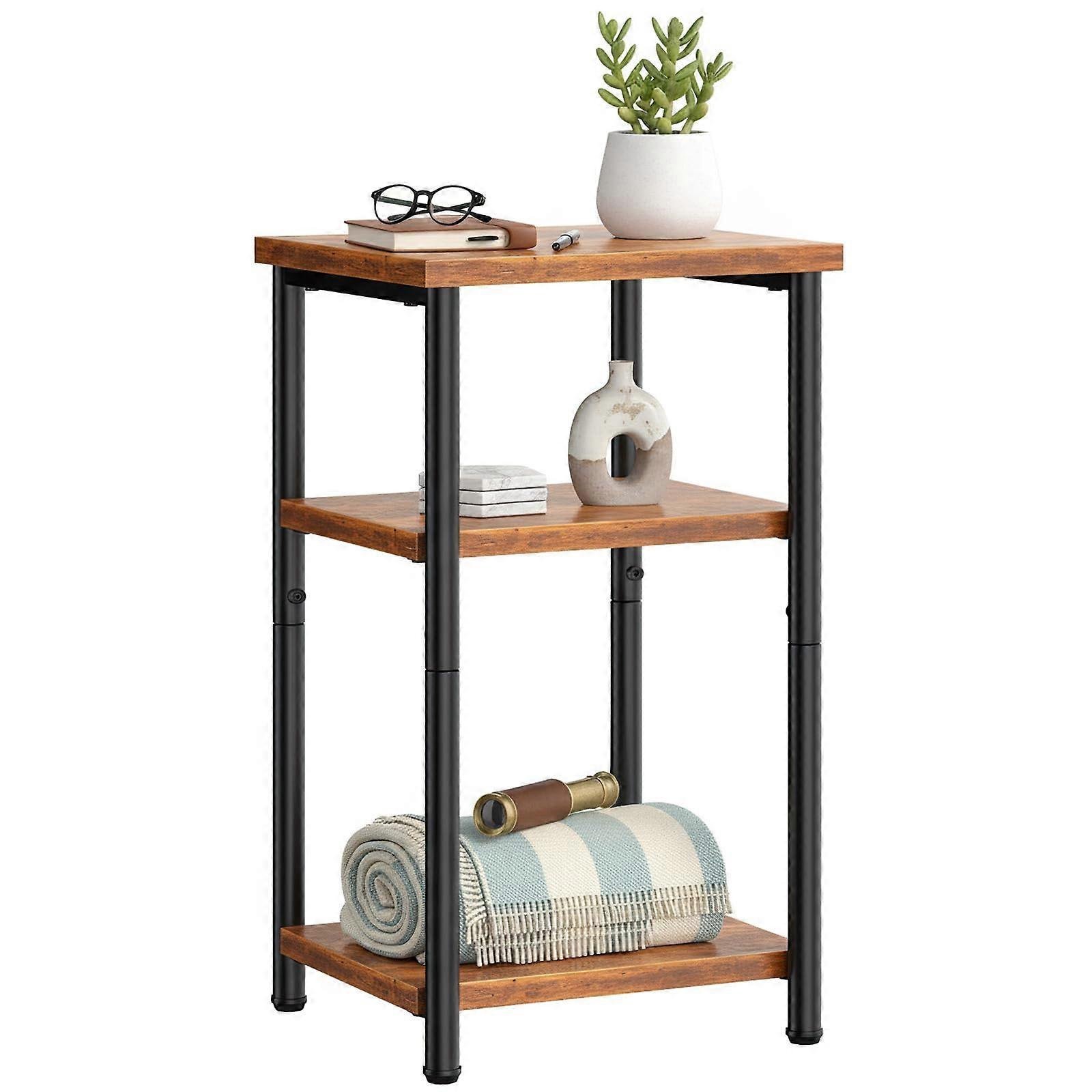 Rustic Brown 3 Tier Side Table with Storage Shelf and Adjustable Feet for Small Spaces
