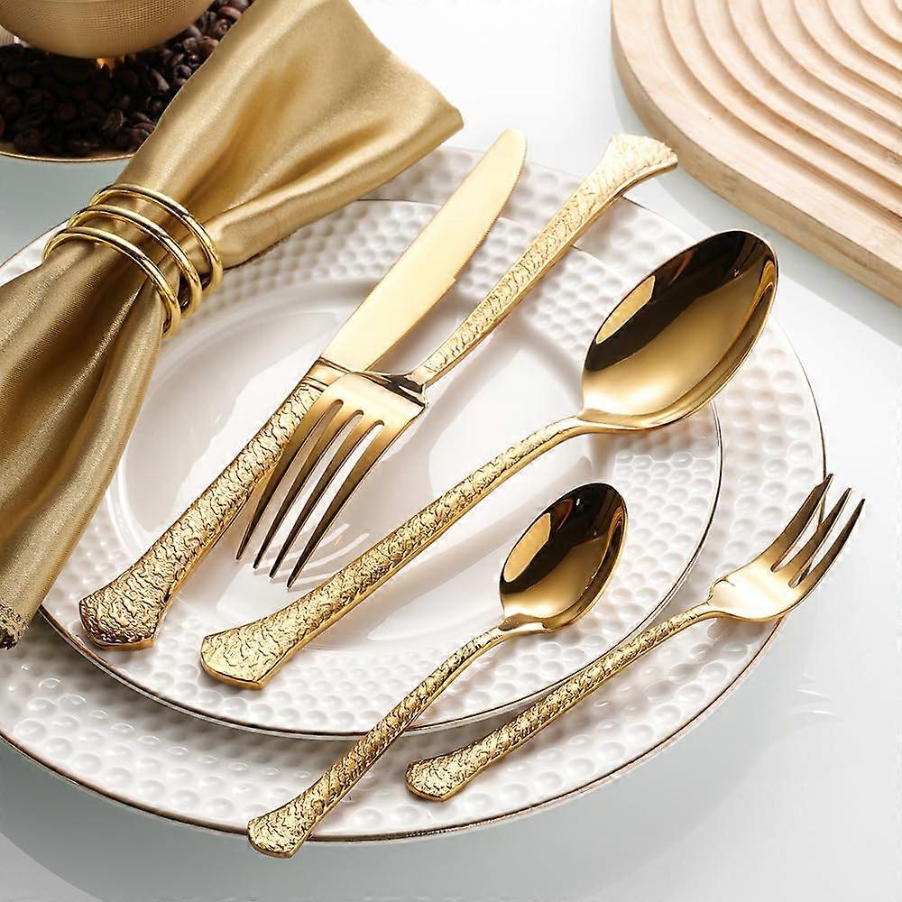Gold Stainless Steel Flatware Set for 4, 20pcs Hammered Handle Silverware with Polished Mirror Finish