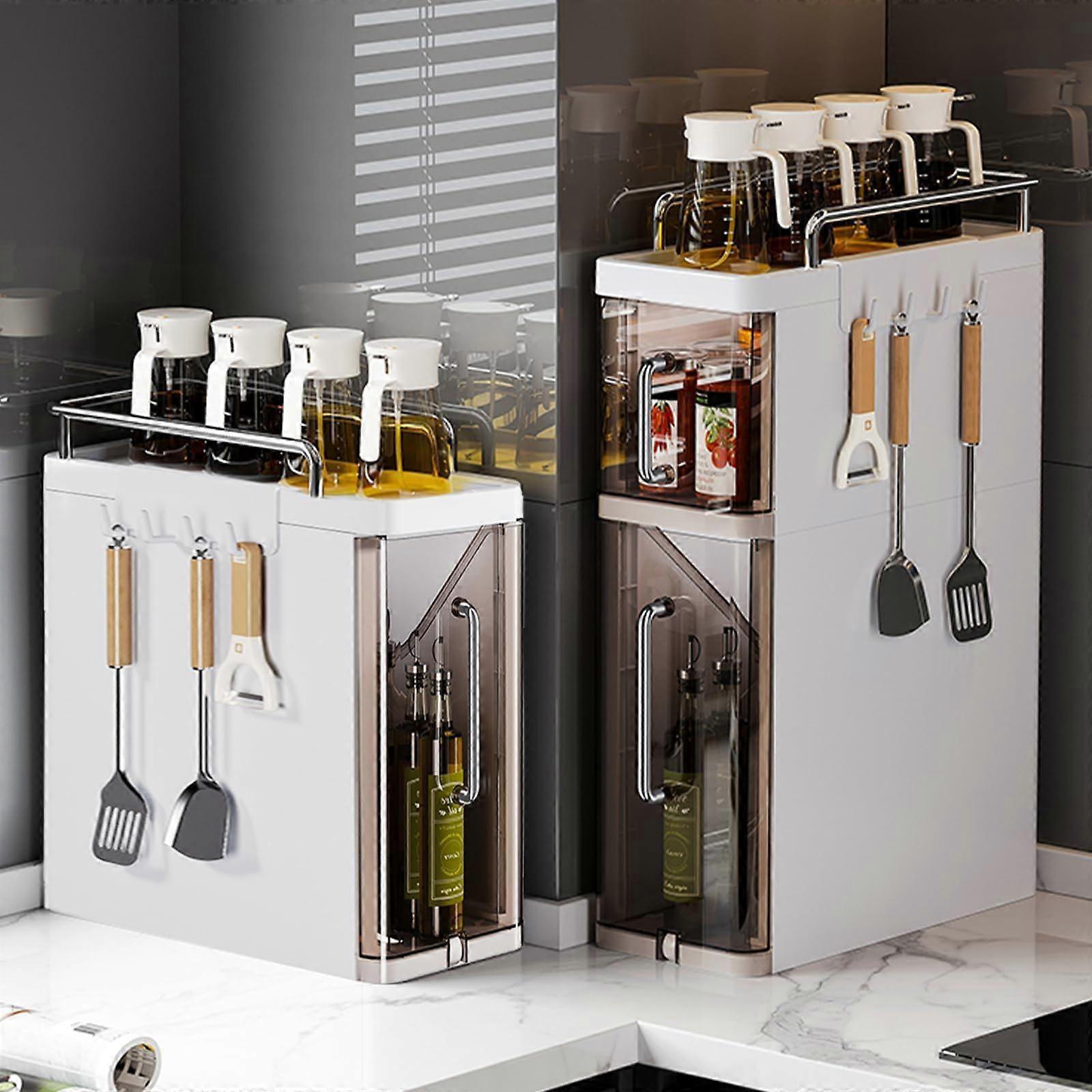 Spice Rack Organizer with Dustproof Doors and Hooks, Expandable PullOut Kitchen Spice Storage, Slim 3Layer Brown Cabinet for Small Spaces