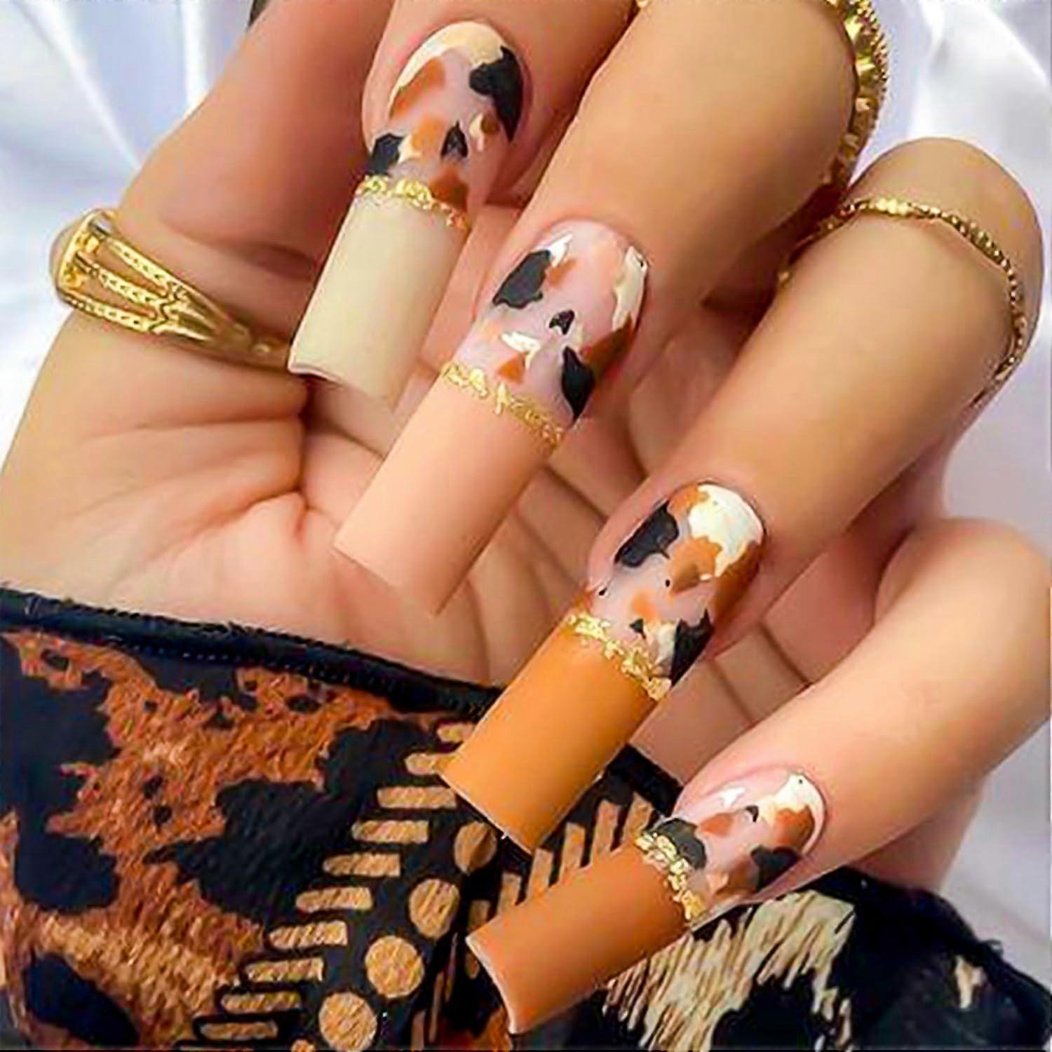 Extra Long Coffin Press on Nails Matte Brown Reusable False Nails with Jelly Glue 24Pcs