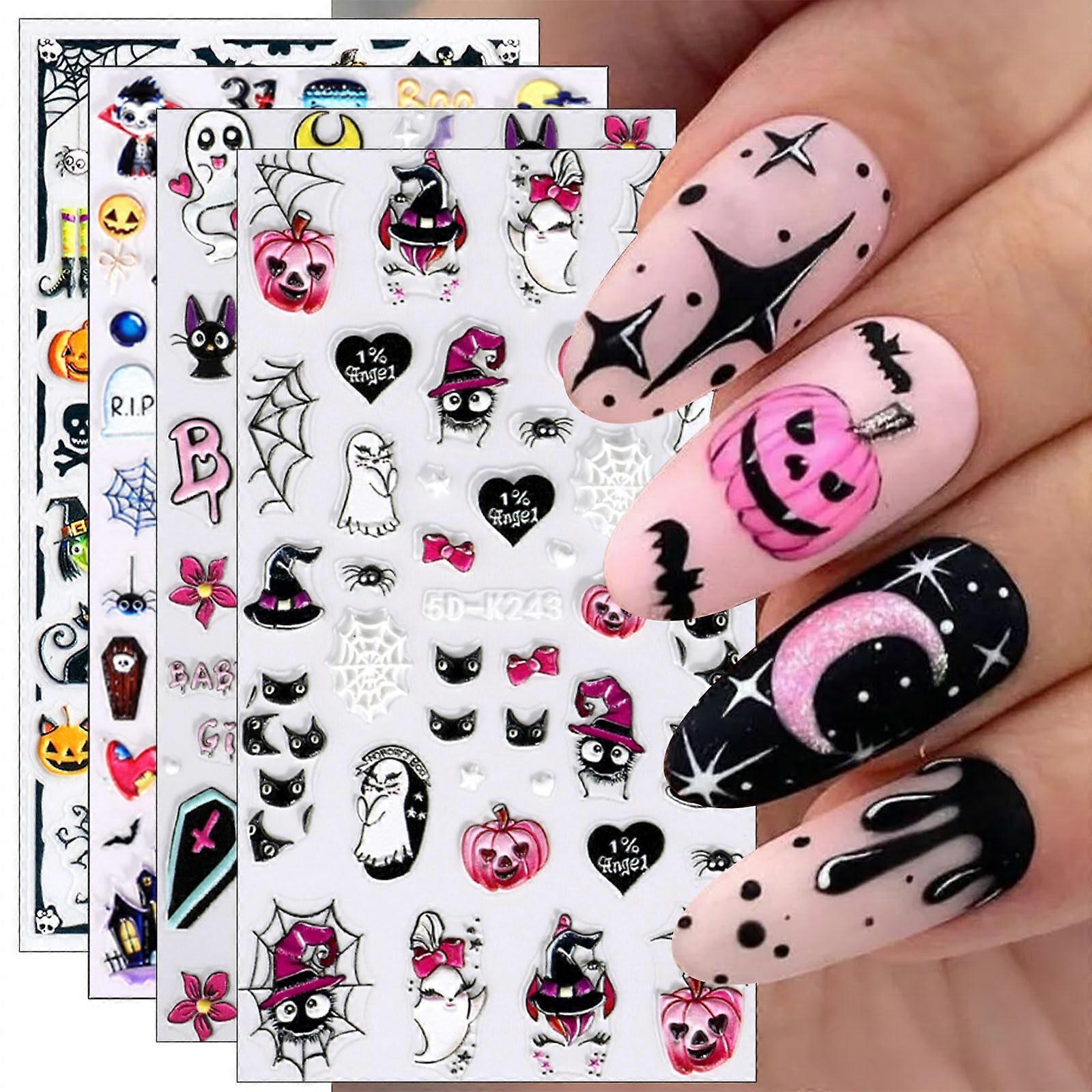 Halloween Nail Stickers 3D Embossed SelfAdhesive Ghost Witch Spider Web Pink 5D Set 4 Sheets