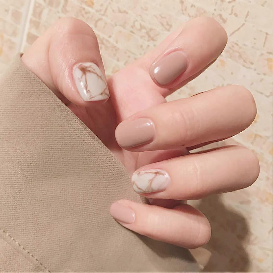Press On Nails Set 24pcs Short Square Marble Light Khaki False Nails with Adhesive