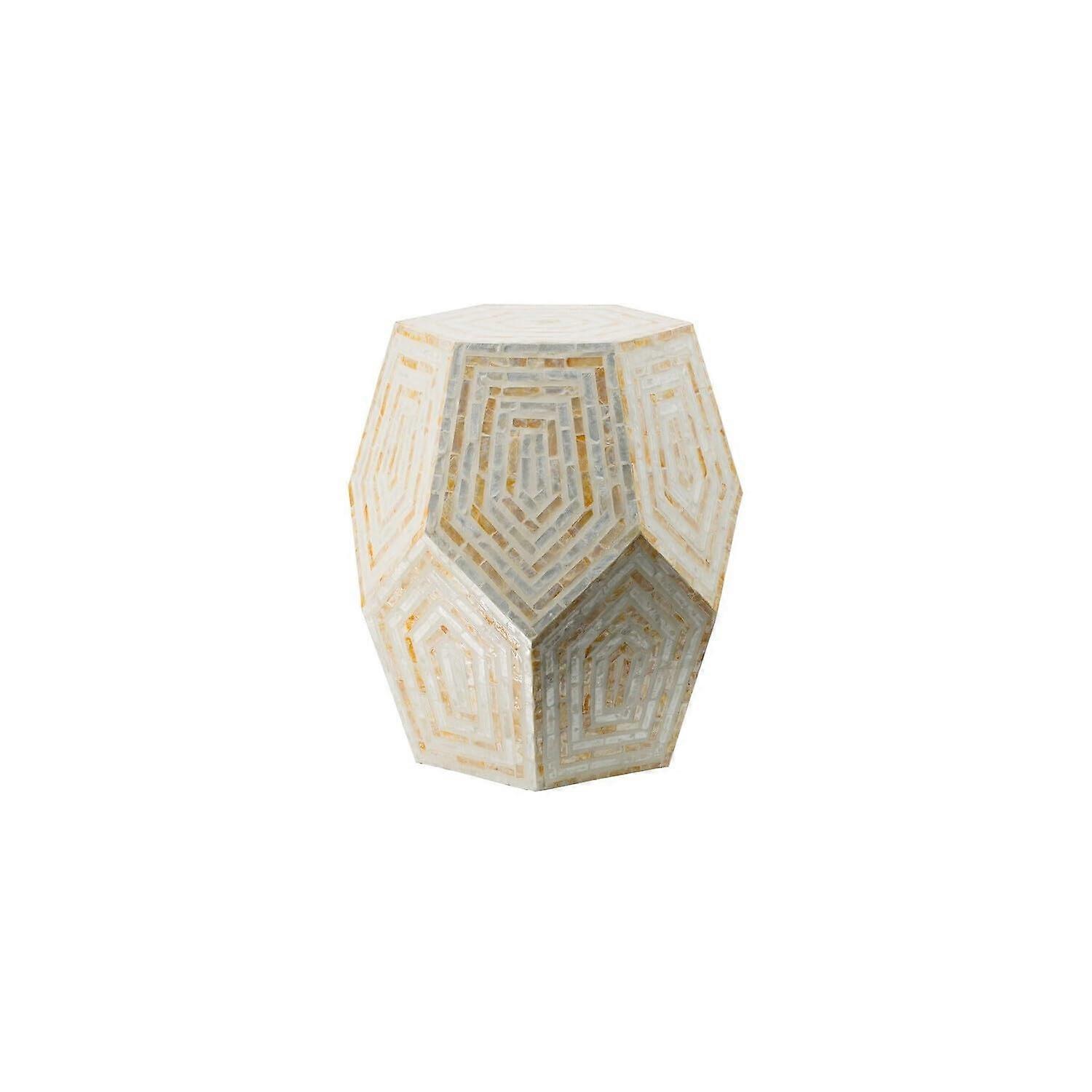 Beige White Hexagonal Capiz Accent Stool Table with Multifaceted Shell Frame for Stylish Home Decor