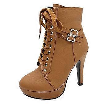 Stivali in similpelle da donna, scarpe invernali in tessuto sintetico da donna, calde, punta tonda, tacco alto, cinturino con fibbia, stivaletti medi, 6,5 (38)