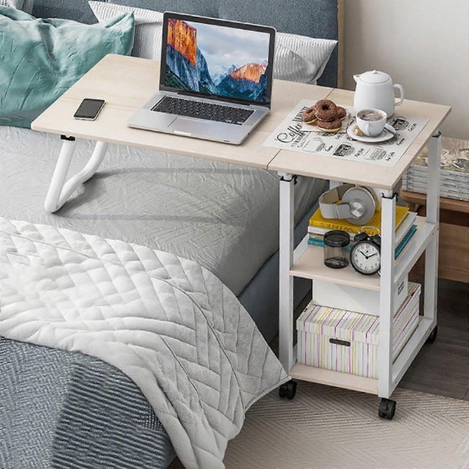 Adjustable Overbed Table with Wheels, Rolling Bedside Desk, Height Adjustable Wood Finish