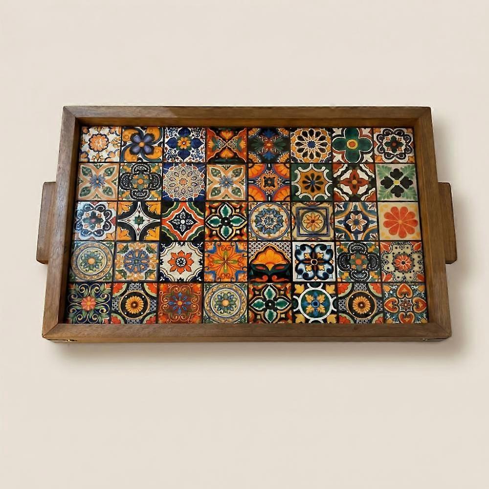 Handmade Ceramic Tile Wooden Serving Tray  Rustic Bohemian Coffee Table Decor