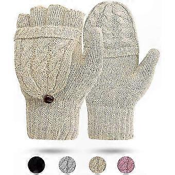 Mitaines en tricot pour femmes - Gants chauds en laine mélangée avec rabat pour l’hiver Textos Beige