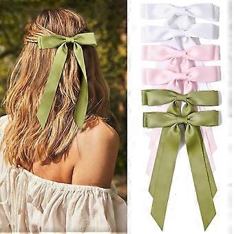 6PCS Hair Bows Hair Clip White Pink Hair Ribbon for Women Silky Satin Tassel Ribbon Hair Accessories Clips Hair Bow for Girls Toddlers Teens Kids