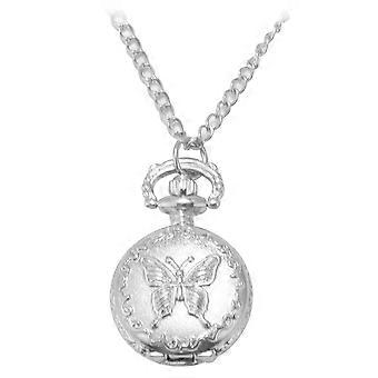 Zilveren kwarts vlinder Arabische cijfers zakhorloge met Vintage ketting