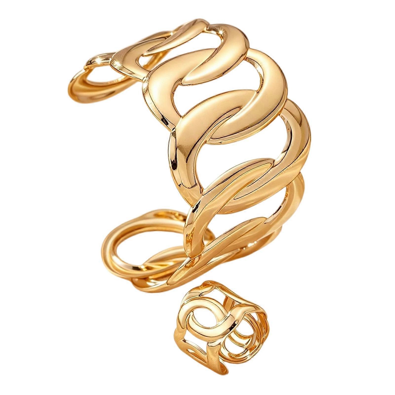 Gold Plated Cuff and Ring Set with Twisted Pattern for Women