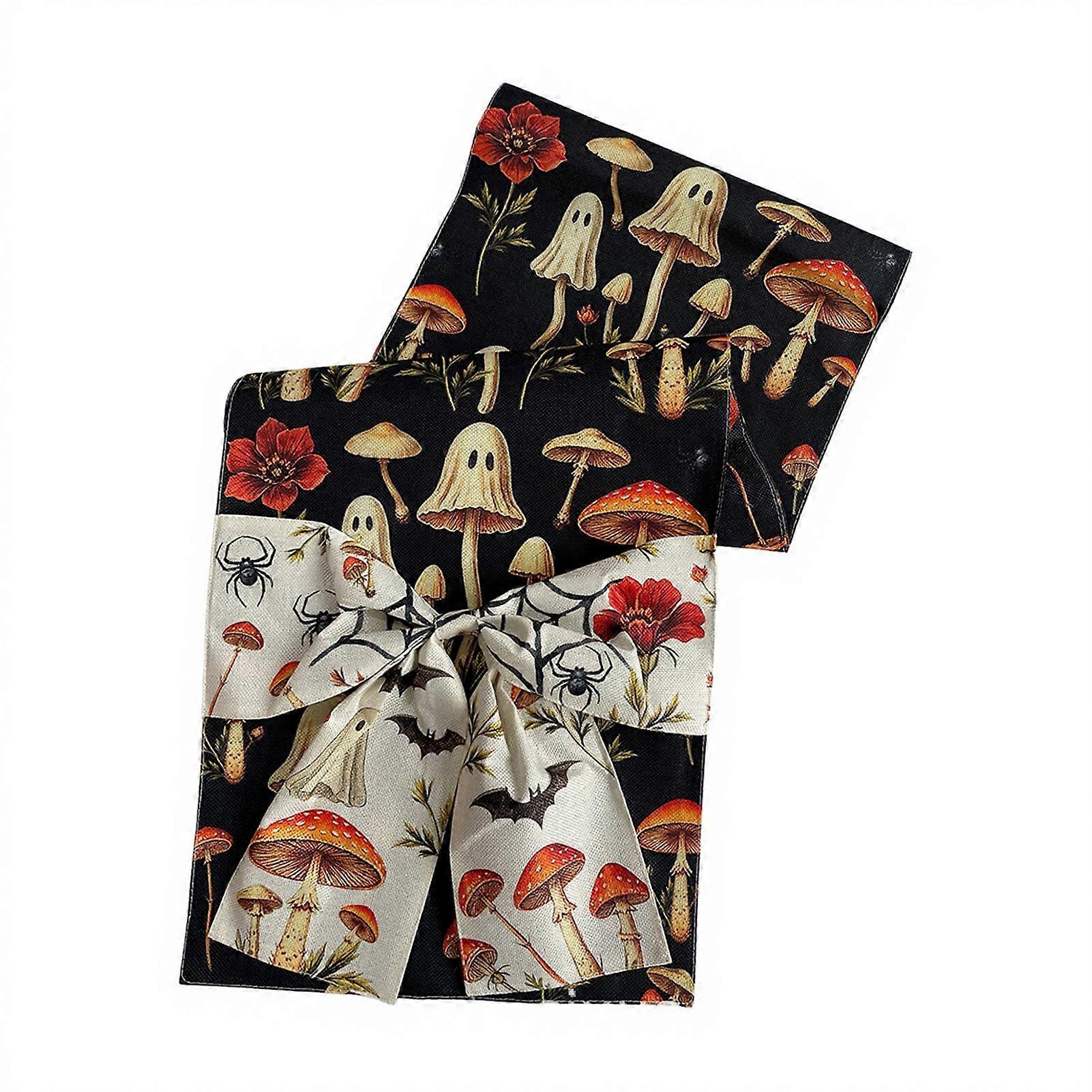 Halloween Table Runner with Ghost Mushroom Pumpkin Skeleton Print