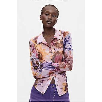 Desigual Nahua Long Sleeve Knitted Mesh Top in Pink Abstract Print 26WWTK24