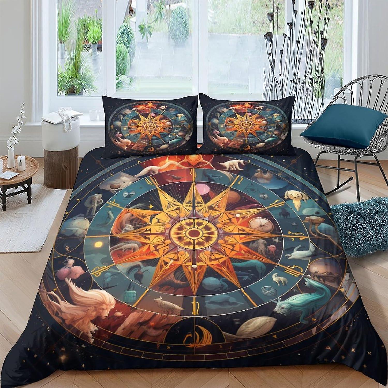 VCLUST Astrolabe 3D Printed Duvet Cover with Pillowcases Bedding Set with Zipper Closure Hypoallergenic Soft Microfiber Twelve Zodiac Signs Quilt Cove