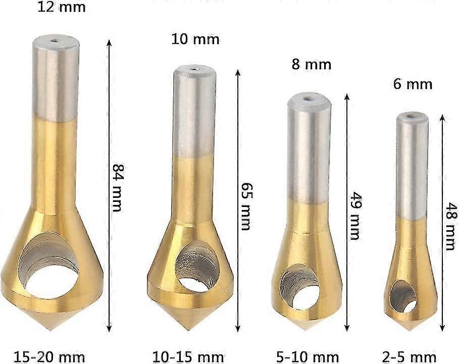 4pcs Titanium Coated Countersunk Chamfer Bit Deburring Tool For Wood Metal Plastic, Countersunk Bit Set 2-5mm 5-10mm 10-15mm 15-20mm