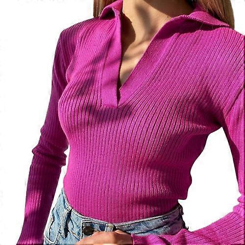 Womens V Neck Long Sleeve Pullover Sweaters Solid Color Knit Tops