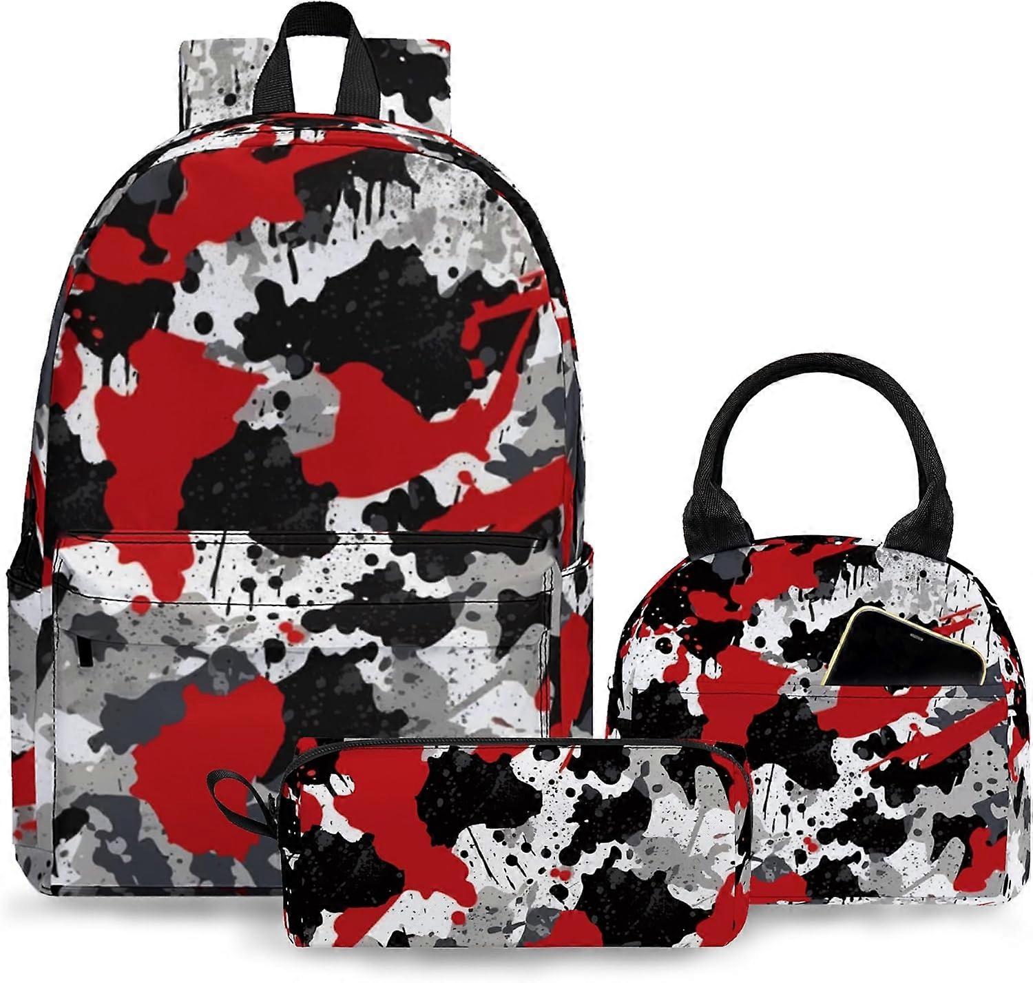 男の子、女の子、子供、カモフラージュ、スクールバックパック、ランチバッグ、ペンシルケース、17インチ軽量ブックパック、10代の若者たちのための1セットのための3PCSバックパック