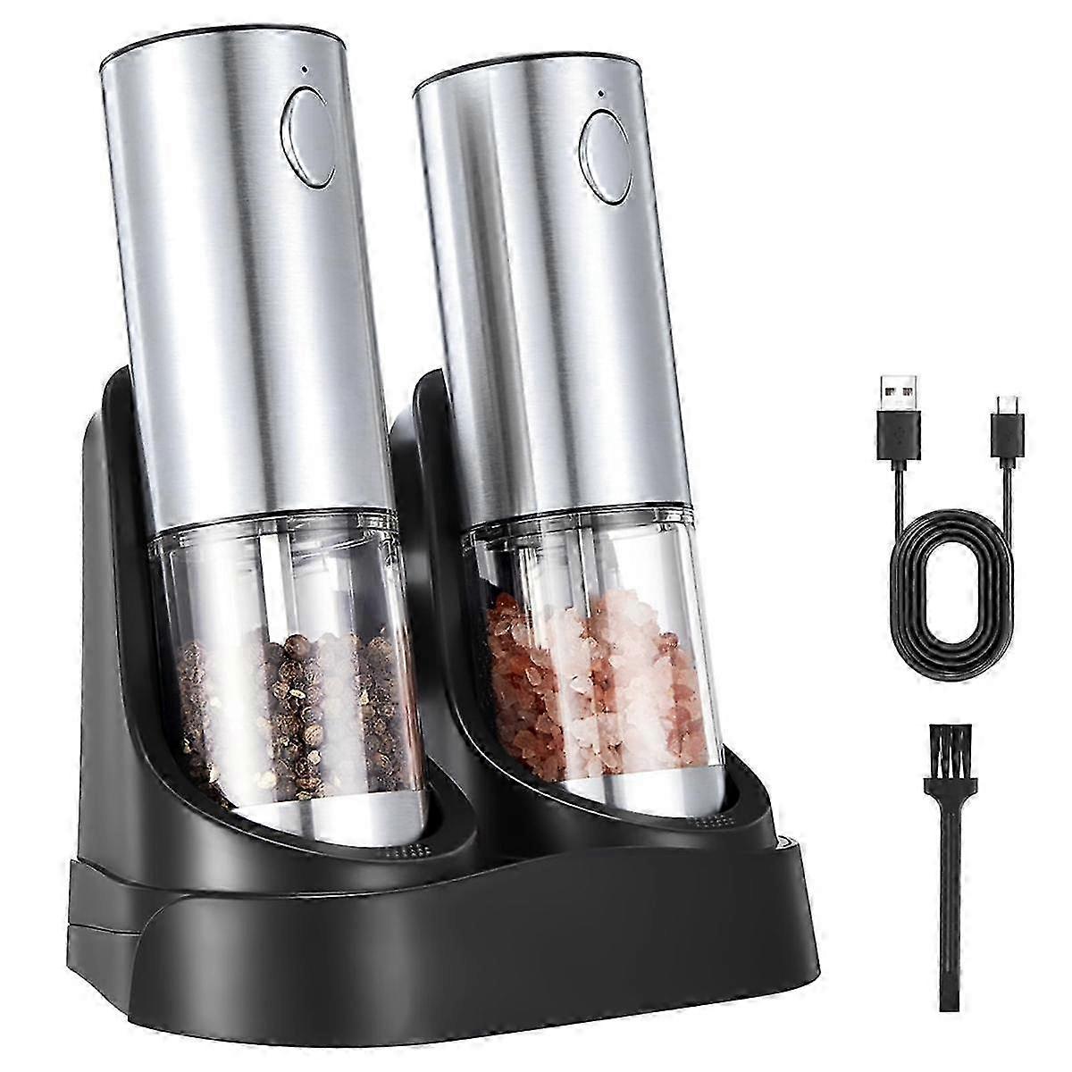 Electric Salt and Pepper Grinder Set - Automatic Rechargeable Salt/Pepper Grinder with Charging Base and LED Light