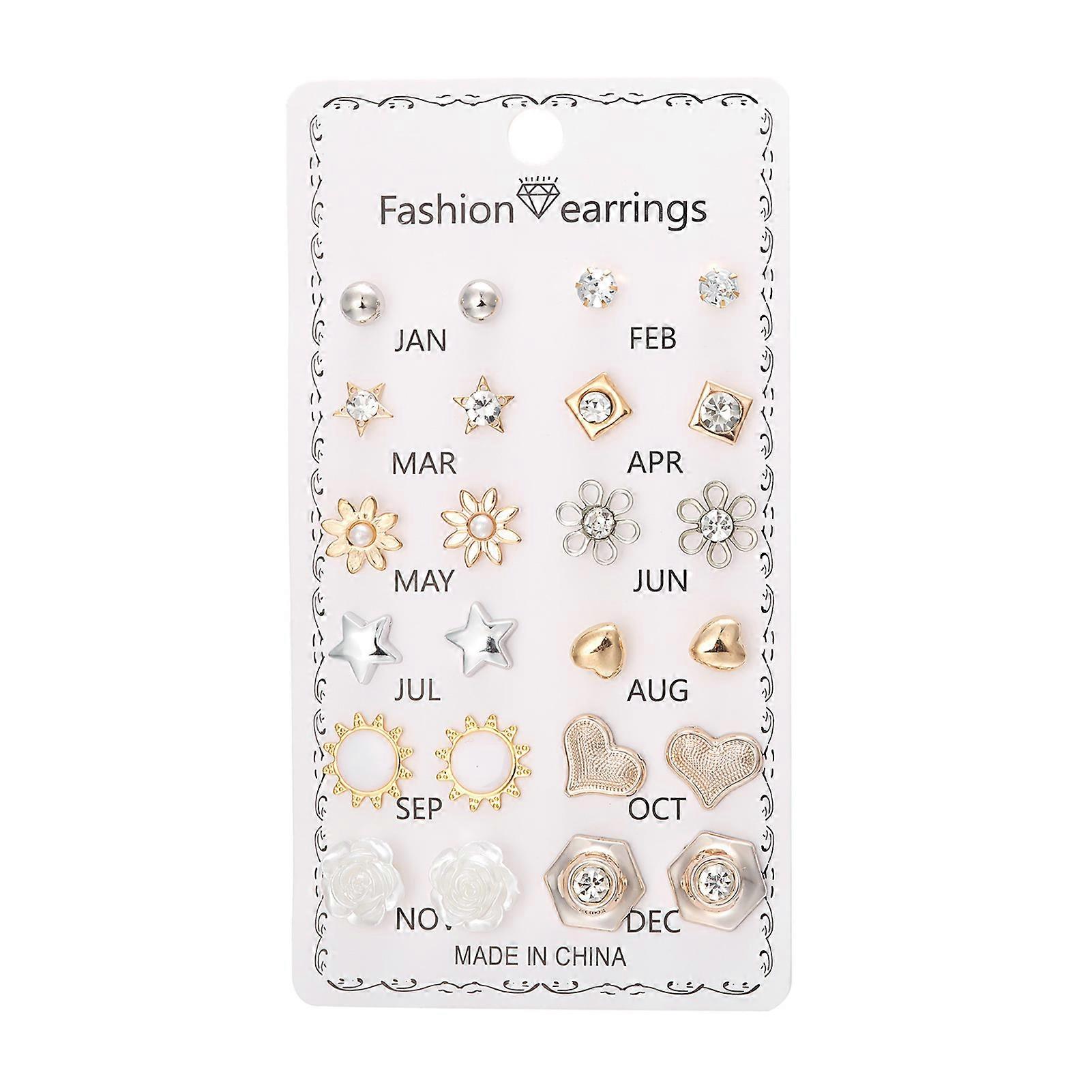 12 Pairs Sweet Flower Rhinestone Stud Earring Temperament Versatile Ear Dangler for Women Girl