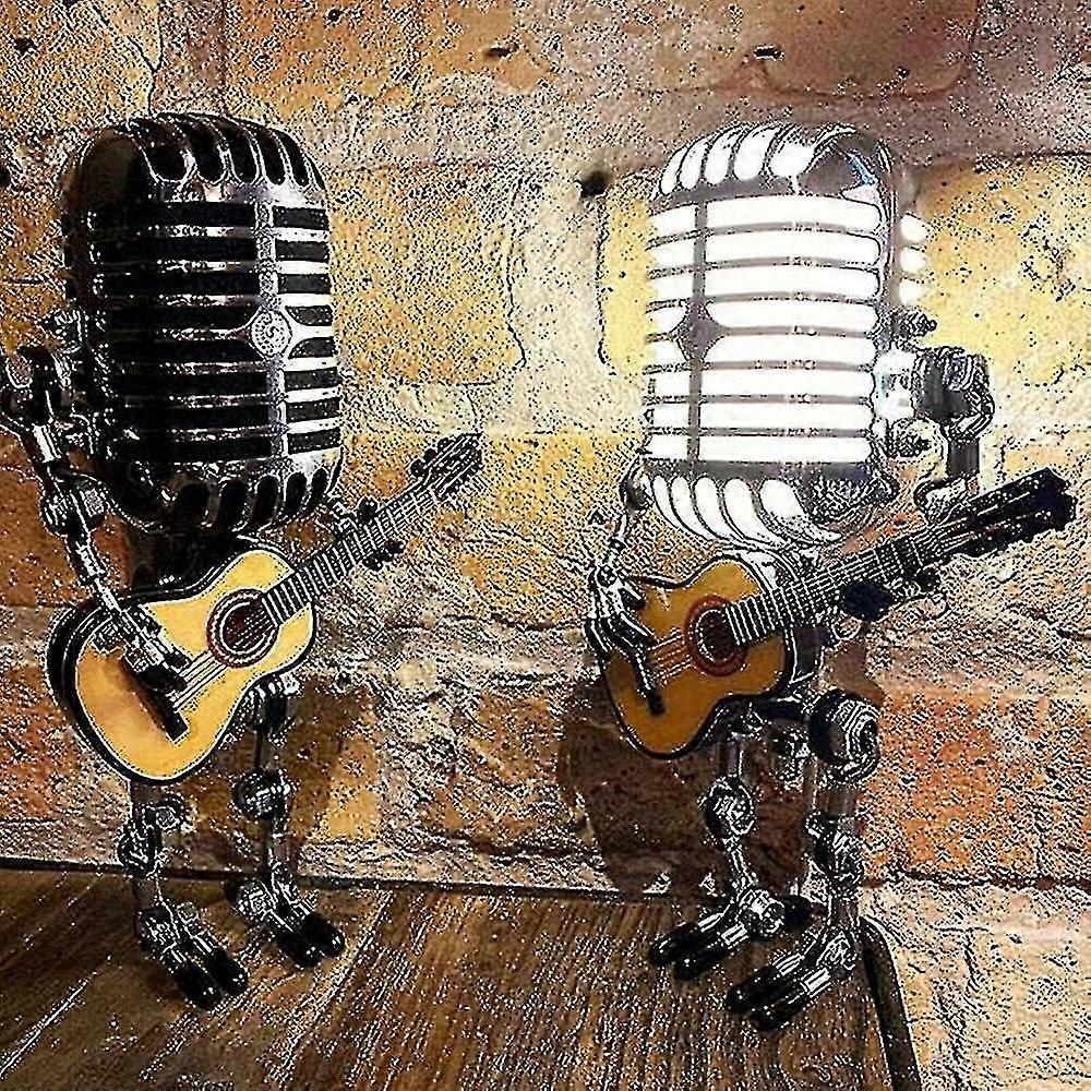Usb Retro Style Microphone Robot Lamp Holding Guitar With Light Vintage Home Decoration