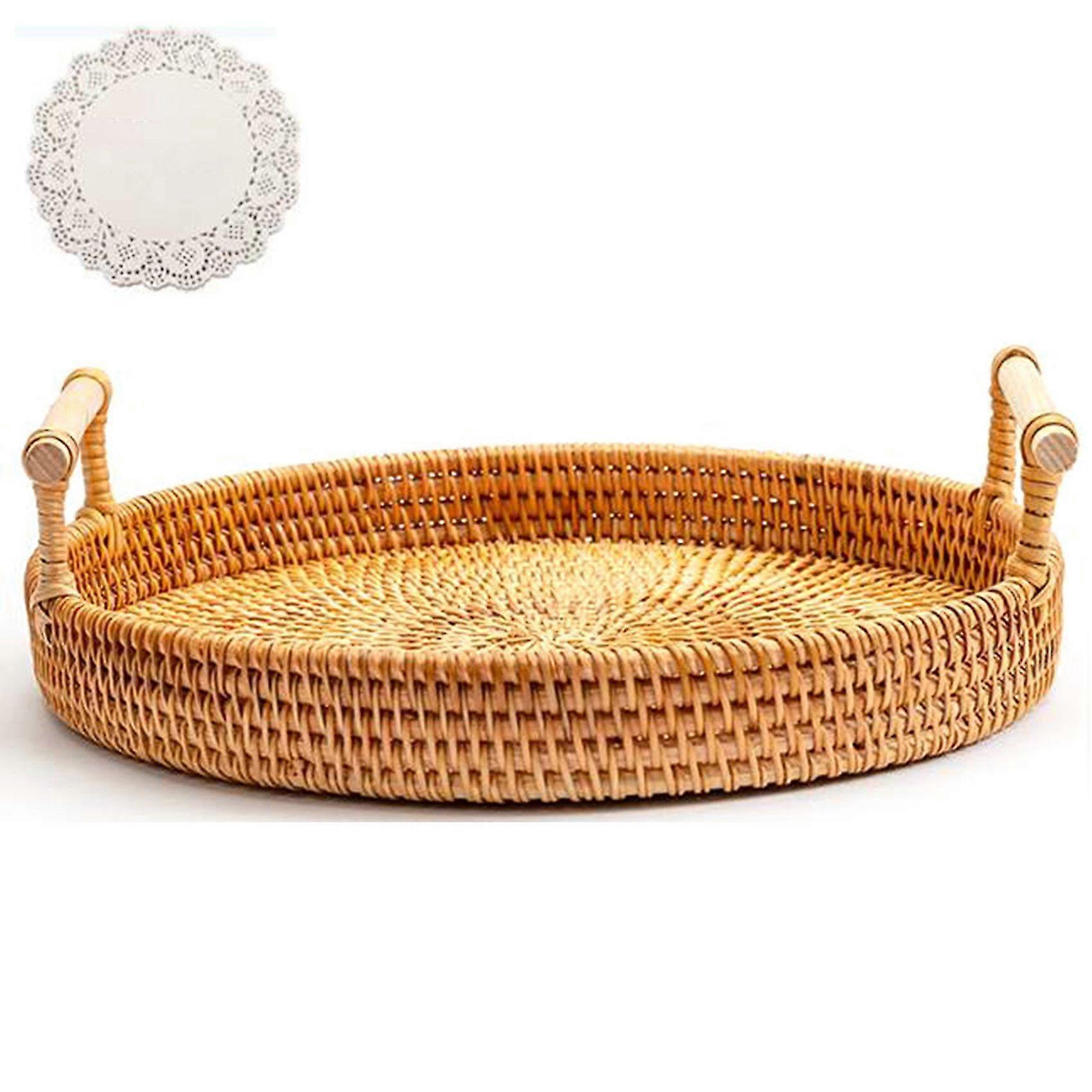 Multi Function Picnic Tools Handmade Rattan Bread Basket Binaural Snack Plate Fruit Basket Round Tra
