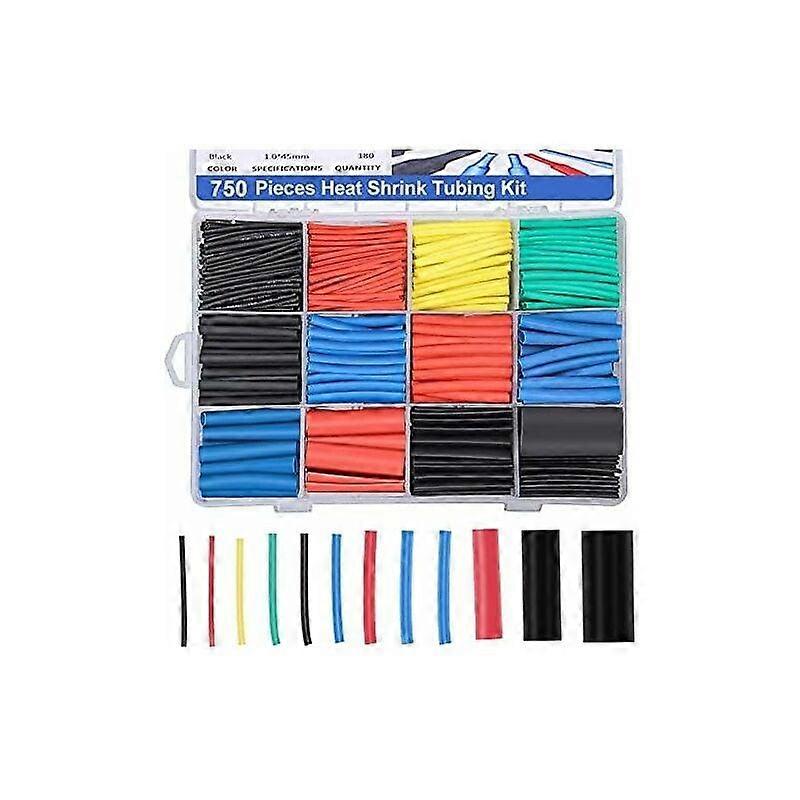 750pcs Heat Shrink Tubing, Electrical Insulation Heat Shrinkable Cable Tube, 2:1 Shrinkage Ratio, 5 Colors, 12 Sizes