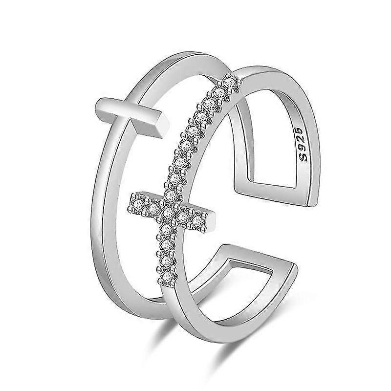 Adjustable Gold Plated Cubic Zirconia Double Cross Ring, Silver