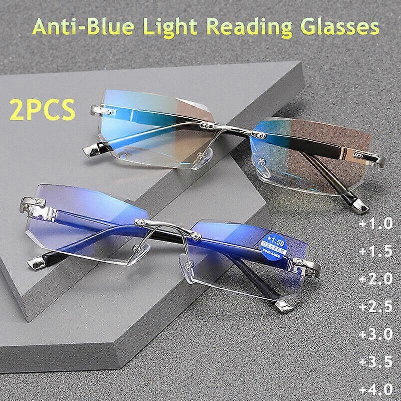 2 Pairs Rectangular Rimless Blue Light Blocking Reading Glasses Unisex Readers