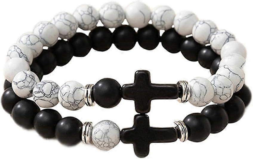 Frusde 2Pcs Bracelet extensible en perles porte-bonheur Bracelet élastique en pierre de lave pour le