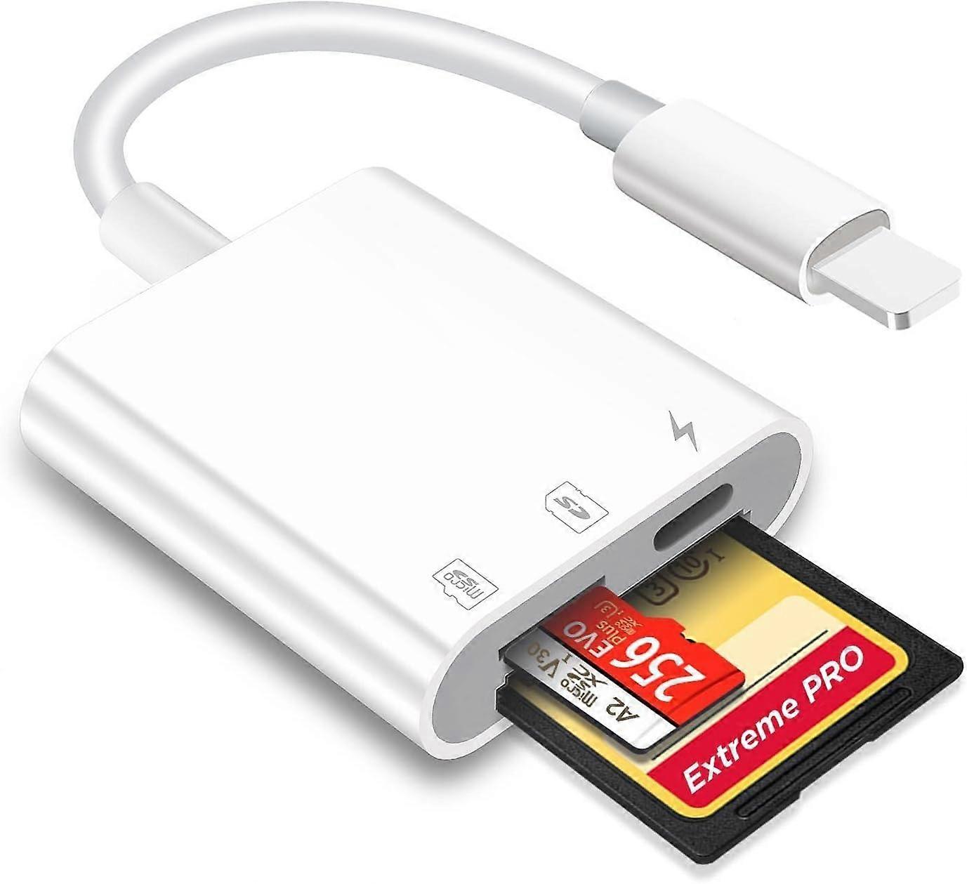 SD/Micro SD Card Reader for iPhone/iPad Plug and Play, SD Memory Card Adapter with Simultaneous Reading and Charging