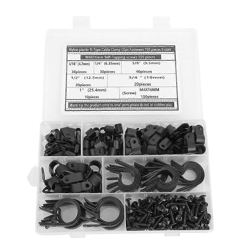 150Pcs R Type Cable Clamp Clips with 150Pcs M4 x 16mm Self Tapping Screws Set Durable Wire Fasteners for Secure Cable Management