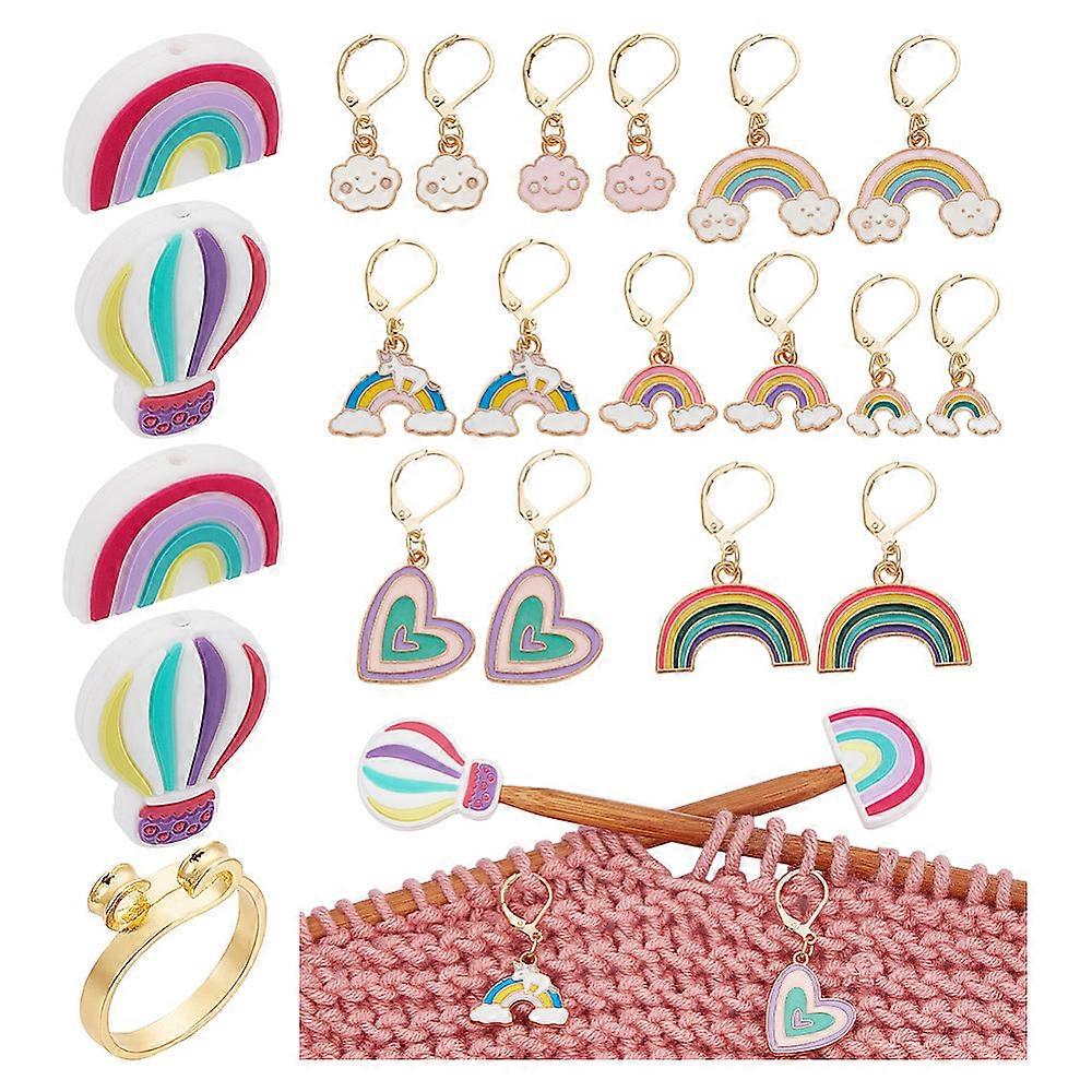 1Set DIY Rainbow Knitting Tool Sets including Alloy Enamel Locking Stitch Markers Silicone Knitting Needle Stoppers & Yarn Guide Finger Holder Mixed C