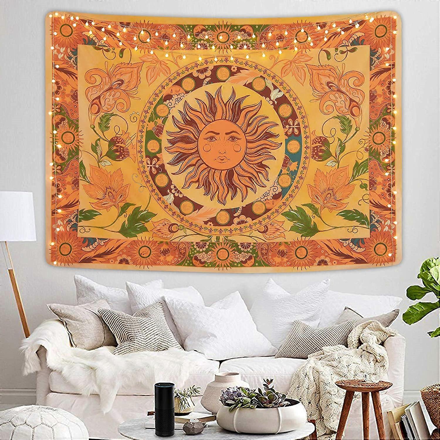 Yellow Sun and Moon Tapestry Vintage Indie Boho Flower Wall Hanging with Sunflowers Butterfly Moth Constellation