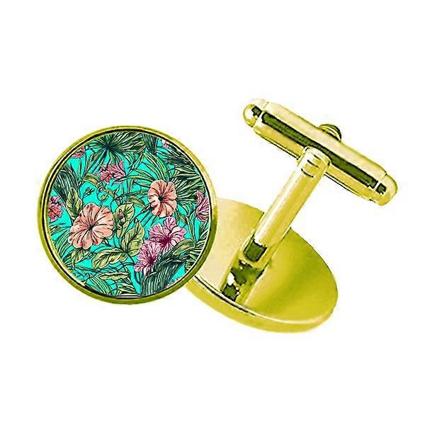 フラワーグリーンアールデコファッションスタッズドビジネスメタルカフリンクスゴールデン