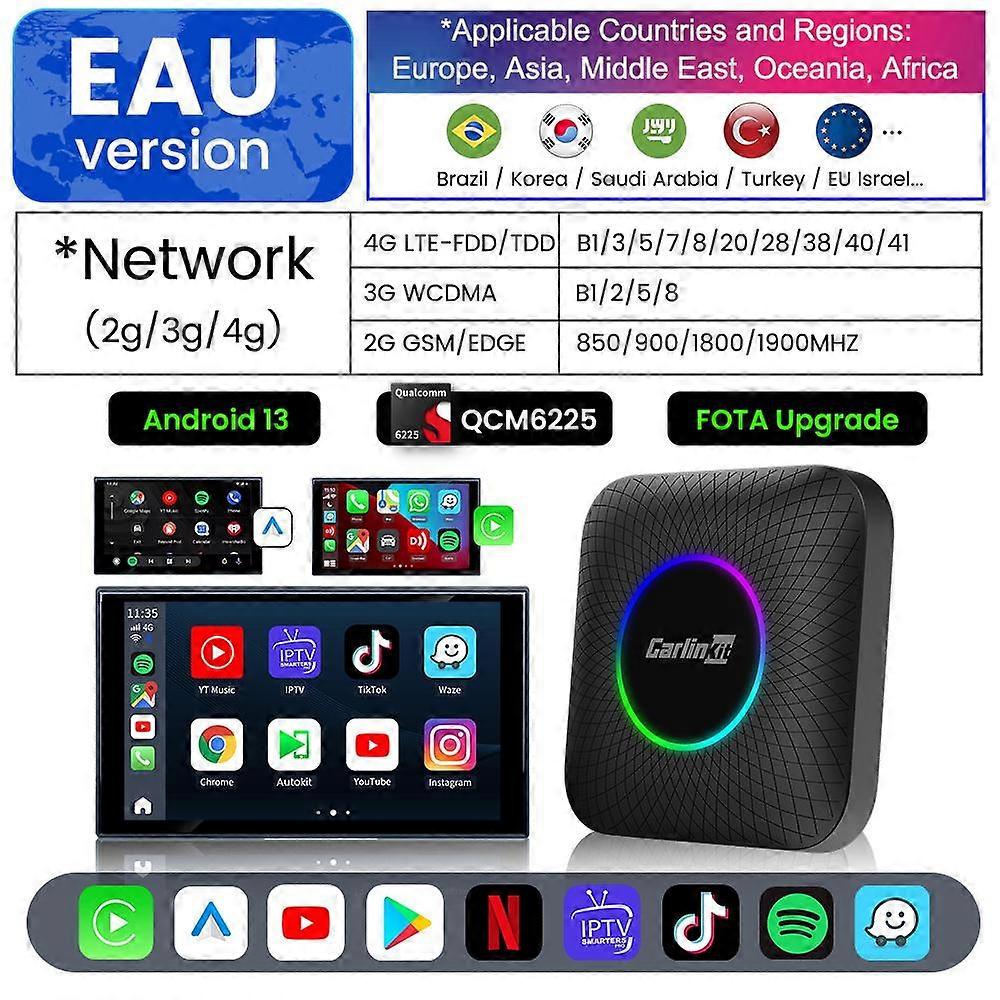 Carlinkit Android 13 TVボックスLED 8 + 128GB CarPlayワイヤレスAndroid自動ワイヤレスアダプターサポートYoutube Netfilx IPTVスポティファイGPS