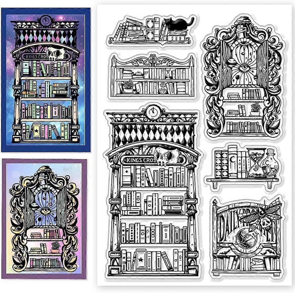 Magic Bookshelves Clear Stamps Bookcase Background Stamps Black Cat Potions Transparent Silicone Stamps Card Making DIY Scrapbook Crafts Production 6.