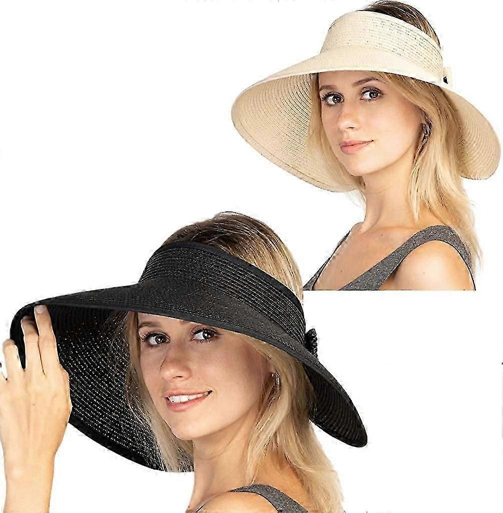 Women's Visor Foldable Straw Hat Adjustable Size Wide Brim Hat (Black + Beige)