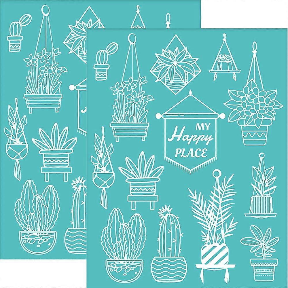 2Pcs 8.6x11 Inch Plant Self-Adhesive Silk Screen Printing Stencil Potting Silk Screen Stencil My Happy Place Reusable Mesh Stencils Transfer for DIY T