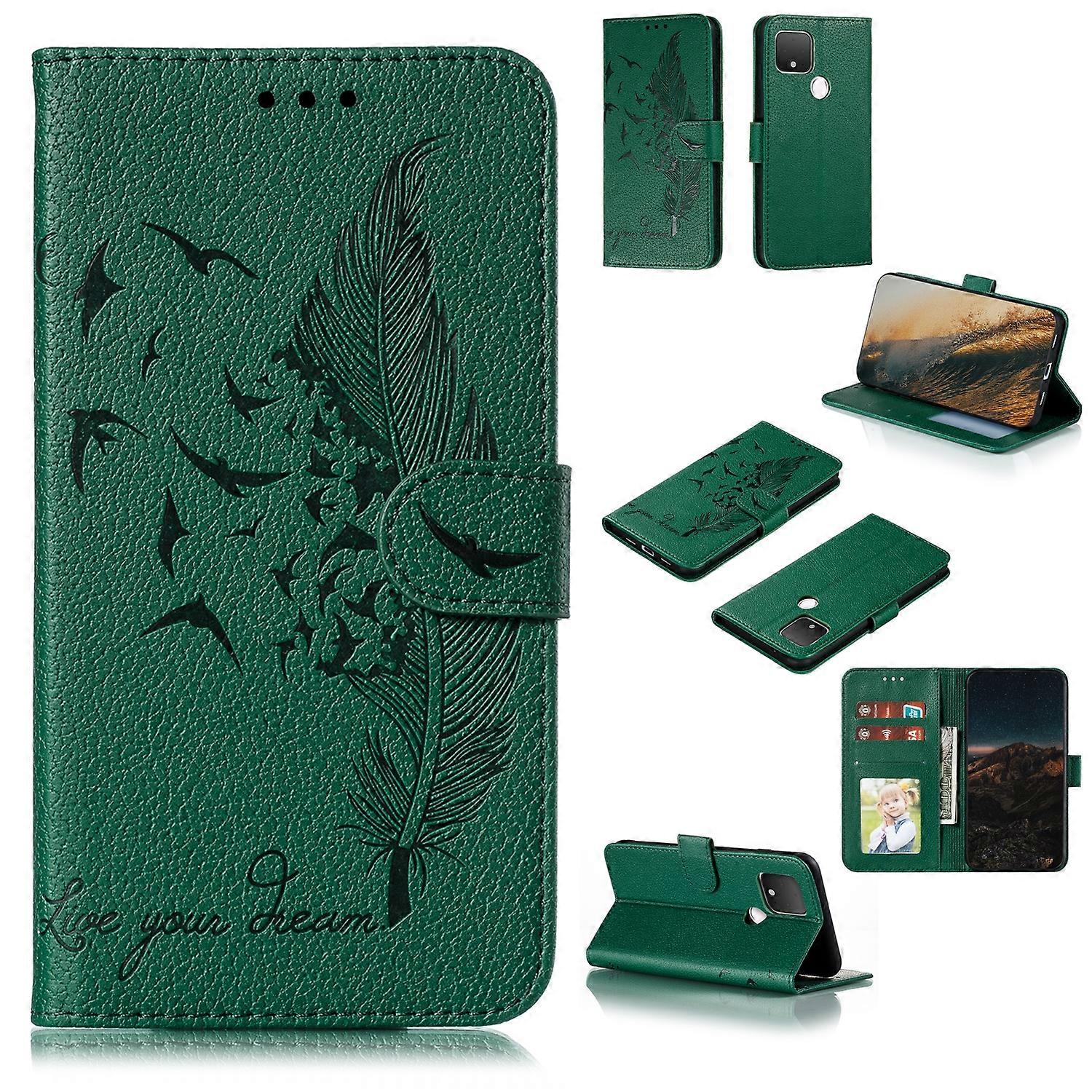 Feather Pattern Litchi Texture Horizontal Flip Leather Case with Wallet & Holder & Card Slots For Google Pixel 5