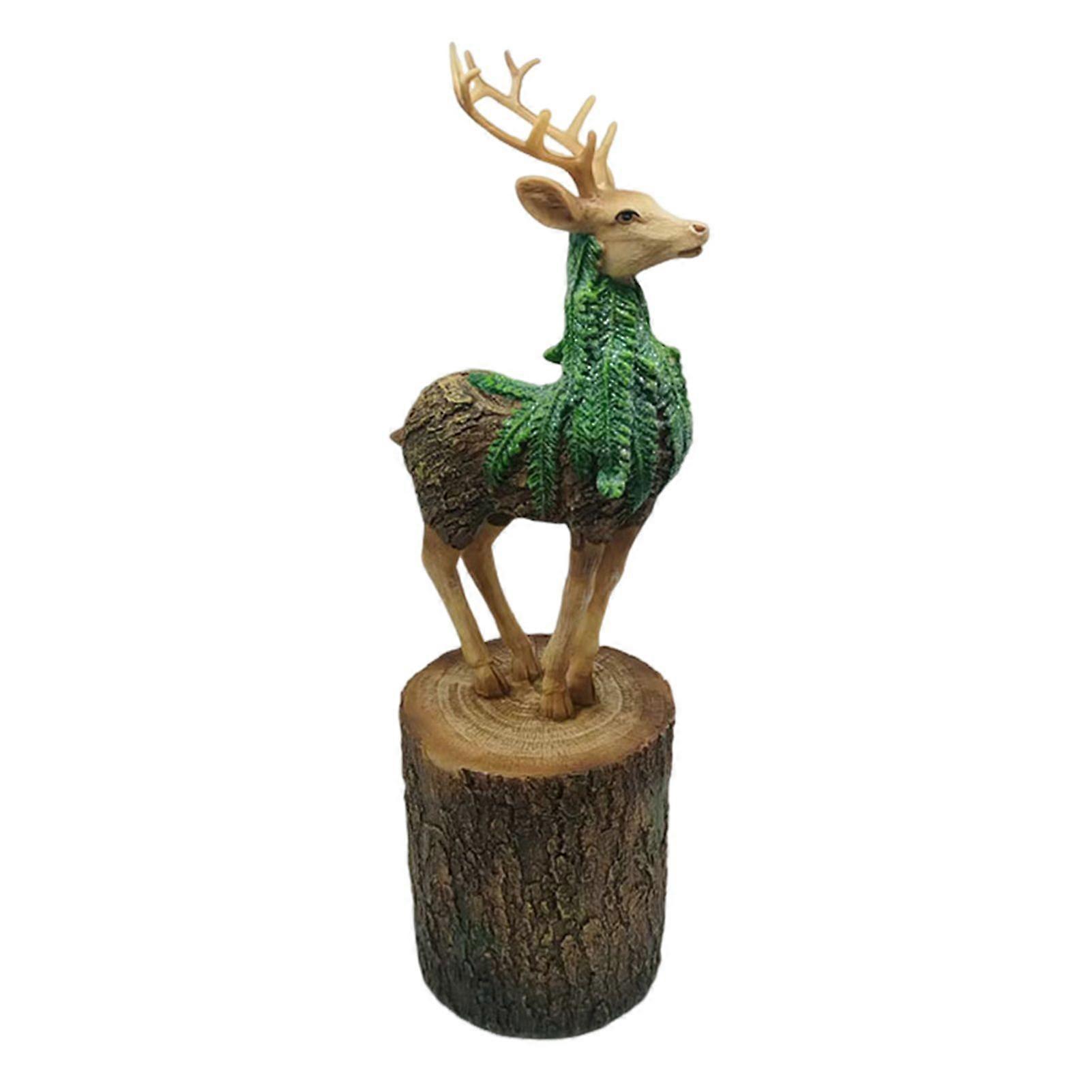 Resin Deer Figurine Standing Reindeer on Tree Stump Statue Tabletop Reindeer Ornament for Home Office Desk Bookshelf Decor
