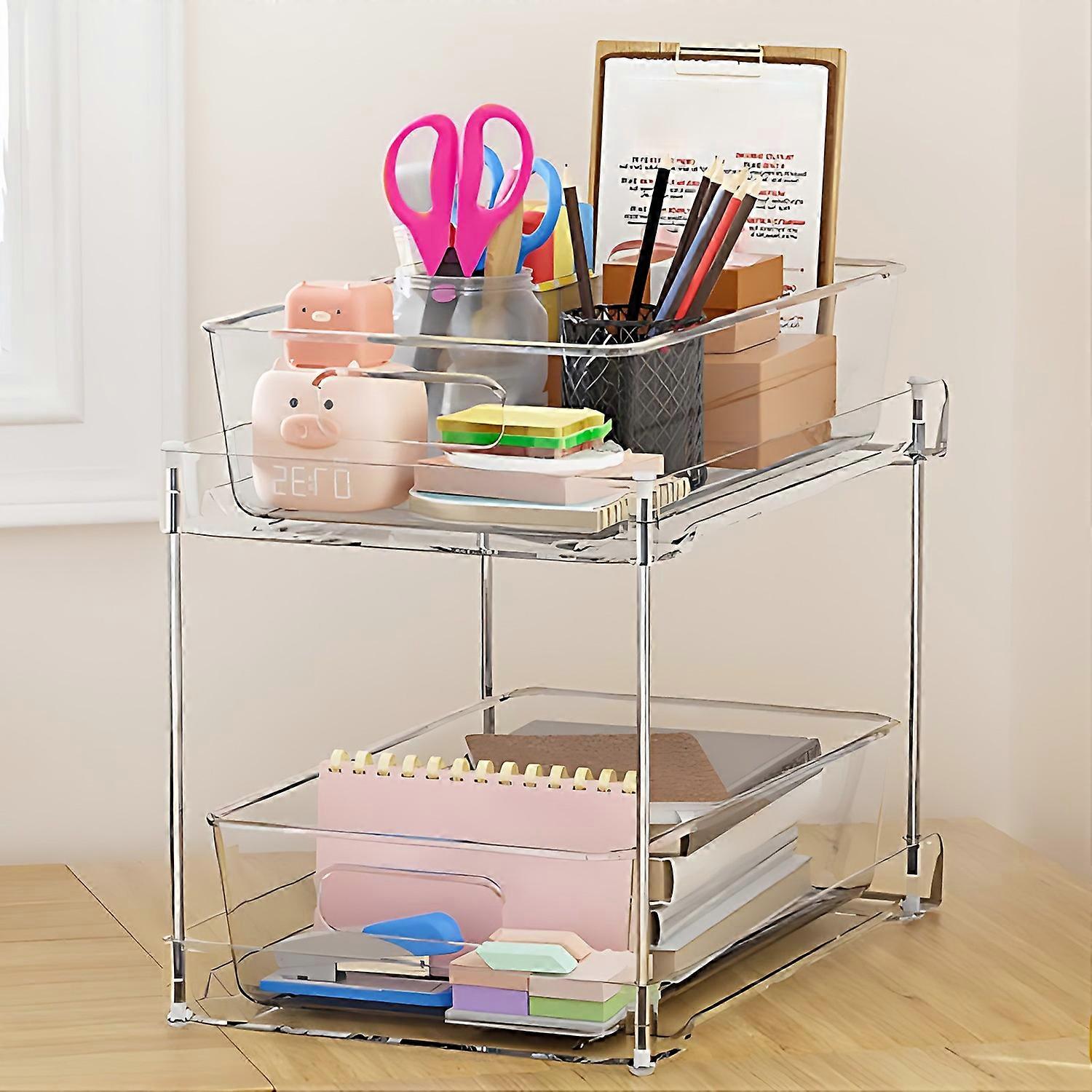 2 Pack Double Tier Clear Plastic Drawer Organizer Under Sink Sliding Drawers with Tray Multifunction