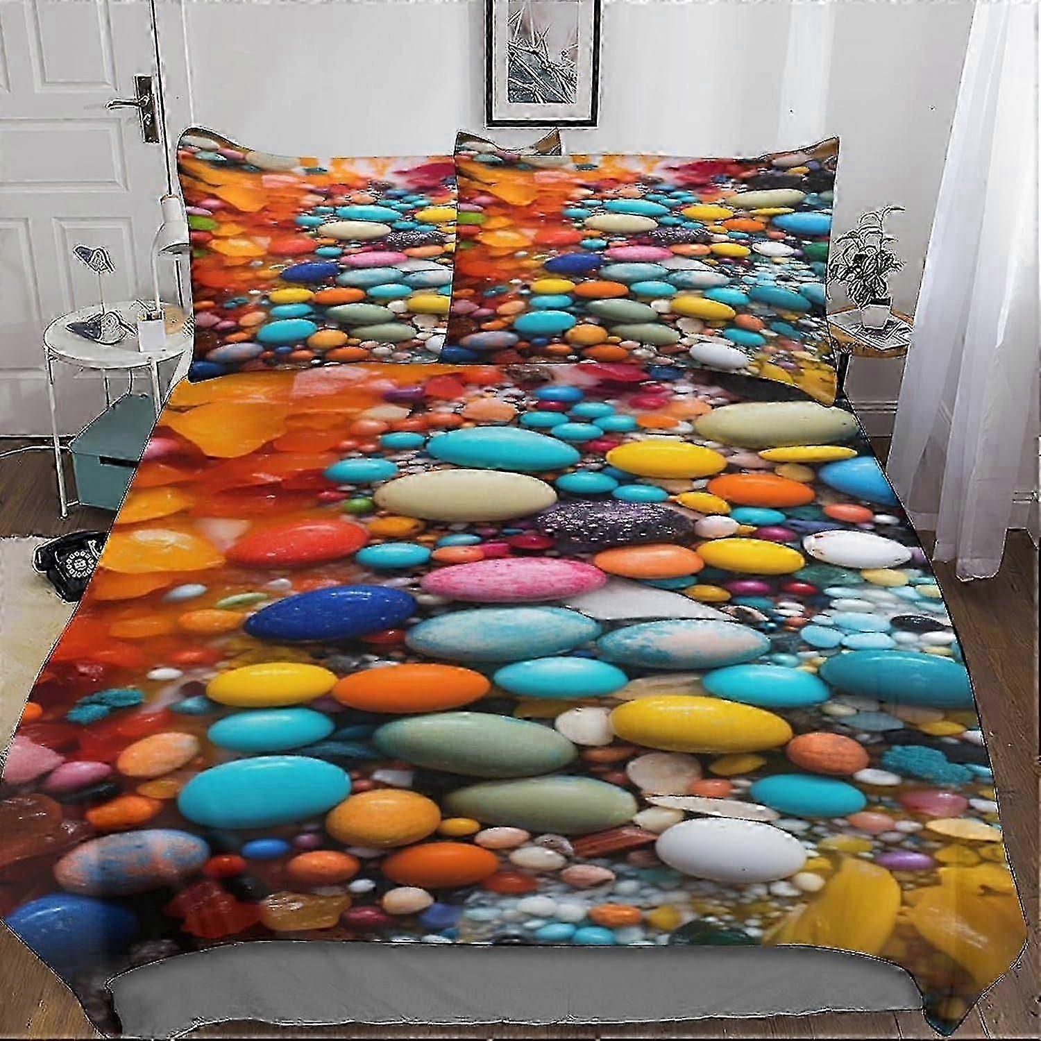 Conjunto de Capa de Edredom de Pedra J1210 Microfibra com Seixos Coloridos 3 Peças para Meninos e Meninas - Impressão 3D, Ultra Macio, Fecho de Zíper, Conforto Ideal & St
