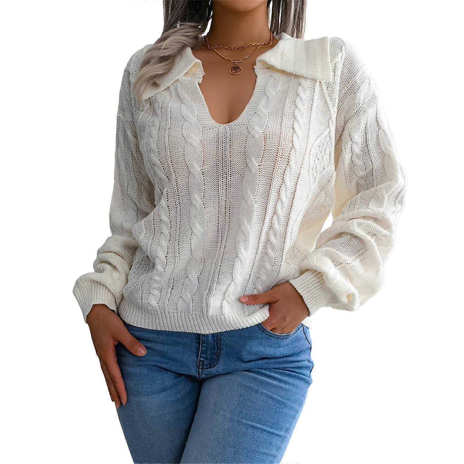 Womens Winter Fall Solid V-Neck Lapel Balloon Long Sleeve Sweaters Pullover Outerwear Solid Color Knitted Tops  White S