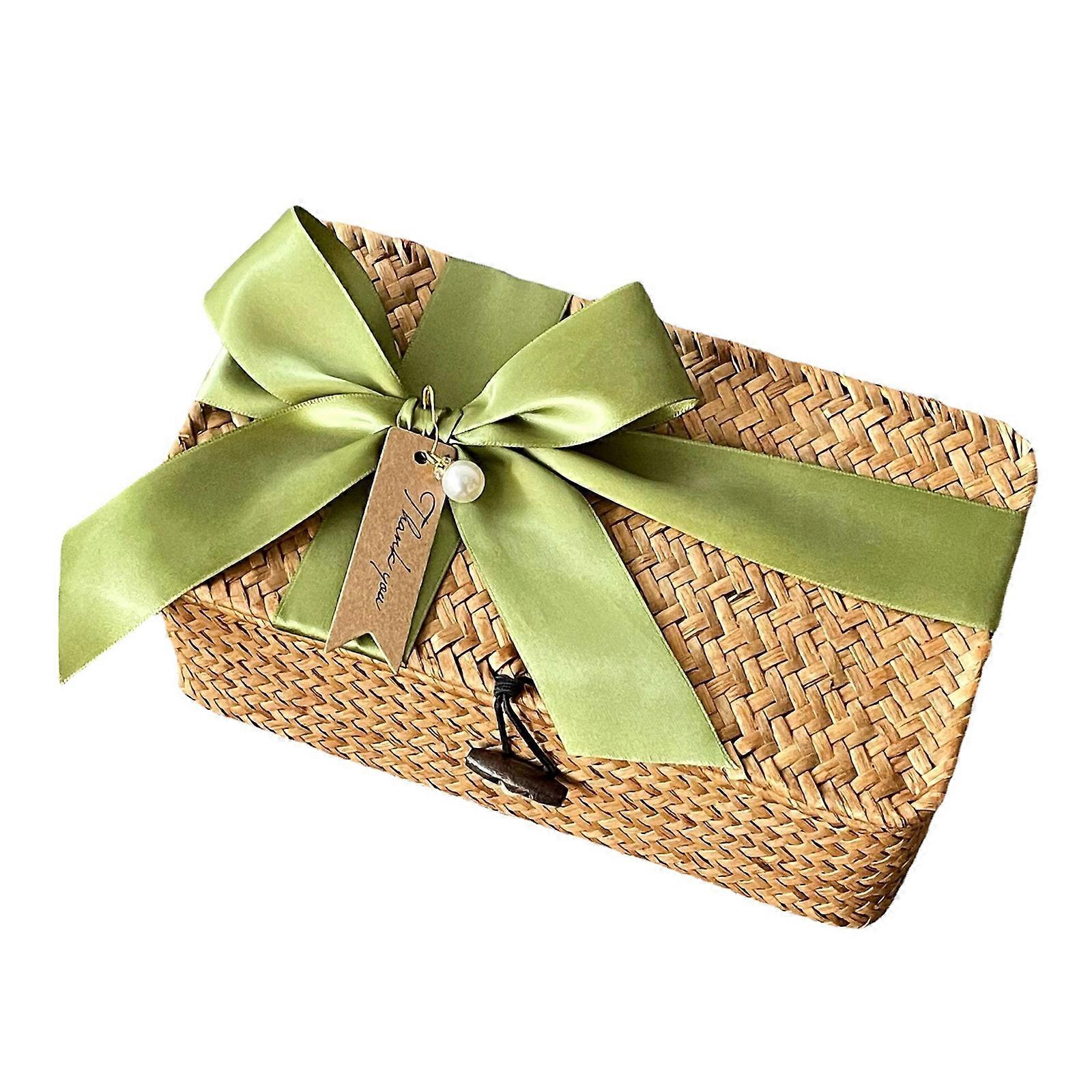 Rectangular Handwoven Seagrass Small Storage Baskets with Lid Storage Boxes 4 Styles for Shelves and Home Organizer Bins Green