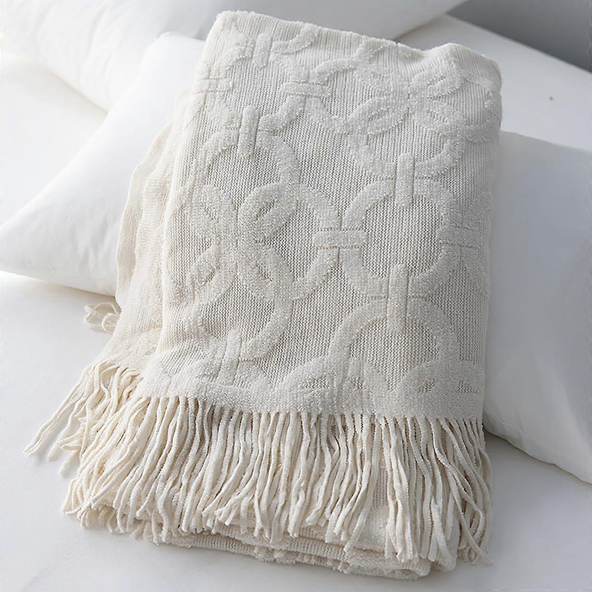 Acrylic Throw Blanket for Couch 50' × 95', Soft Cozy Throw Blanket with Fringe Tassel, White