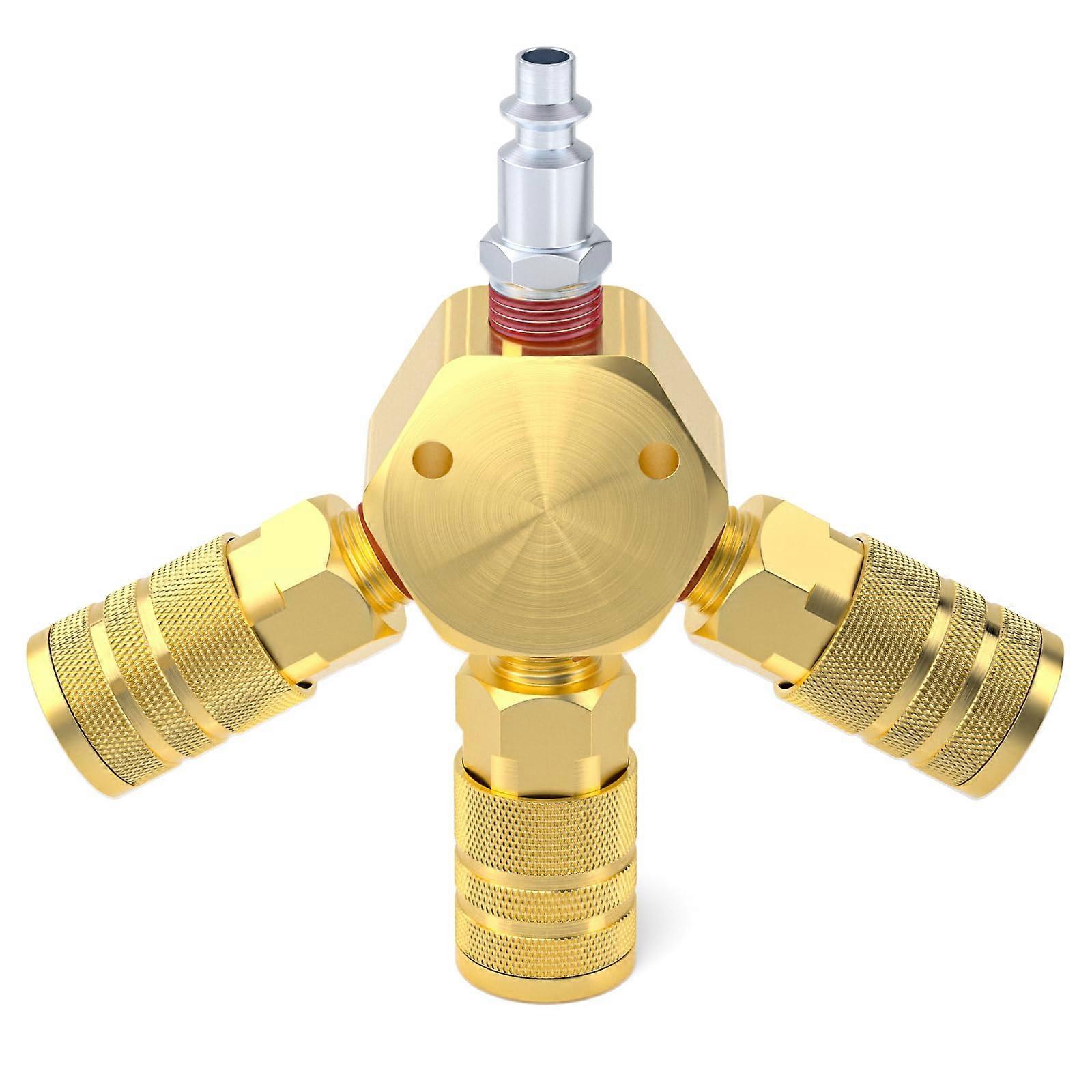 3Way 1/4 Inch NPT Hex Air Manifold Kit with 3 Brass Industrial Couplers and Plug for Pneumatic Systems
