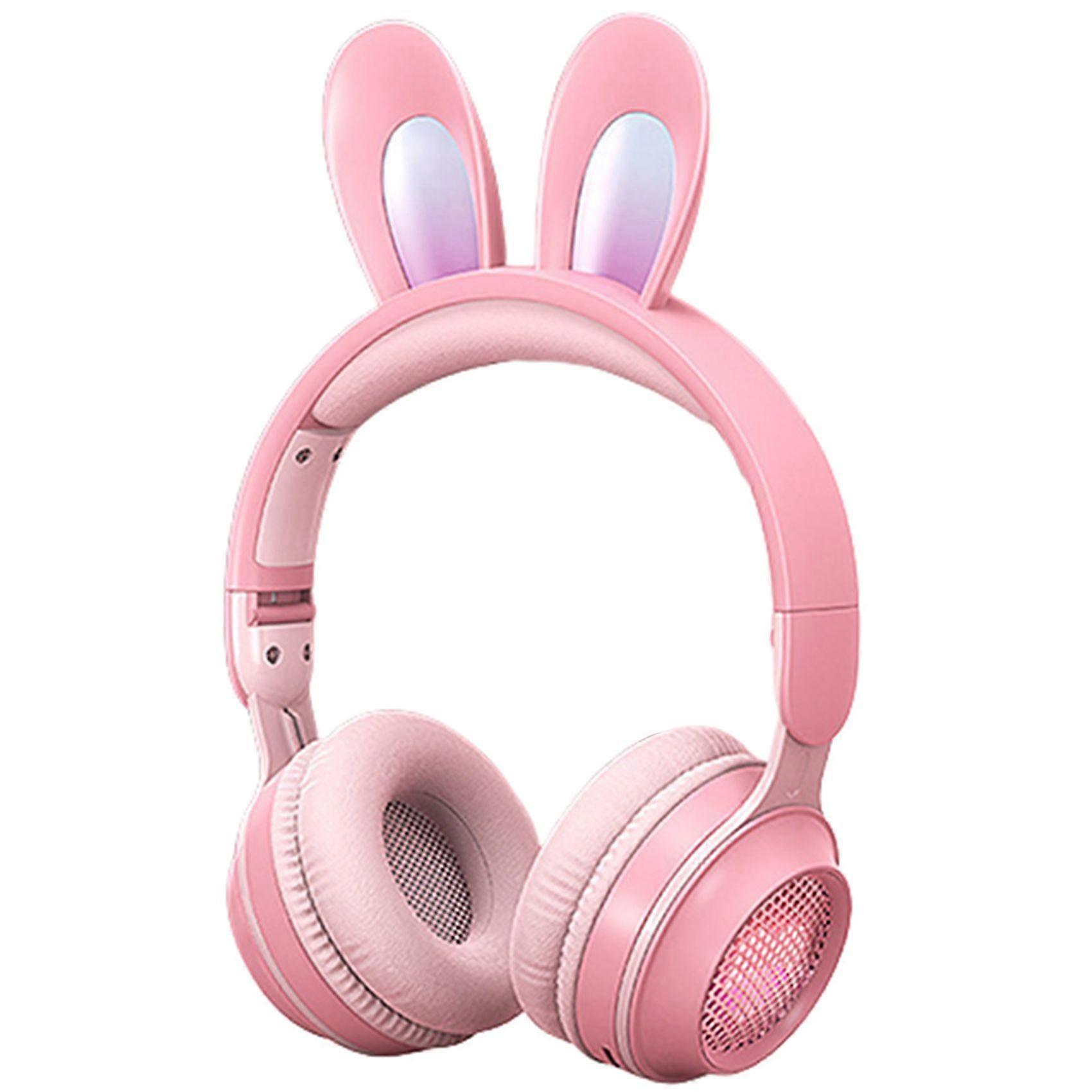 Rabbit Ear Headphones, LED Lights Computer Headphones, Headset Bluetooth 5.0 Headphones, Support TF Card (Pink)
